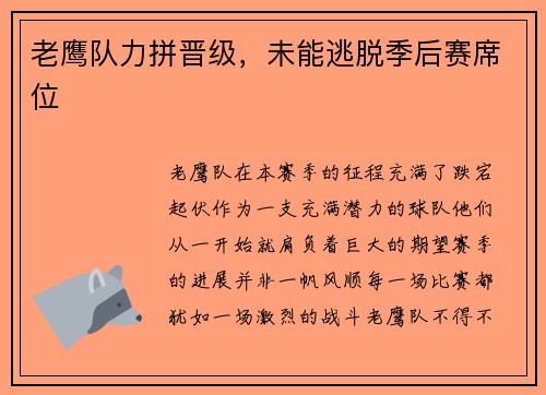 老鹰队力拼晋级，未能逃脱季后赛席位